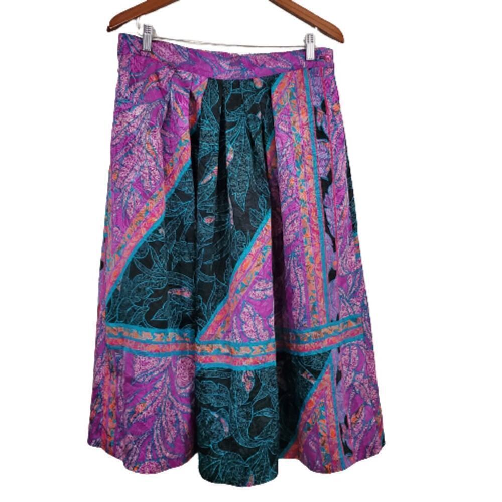 Vintage Skirt Women Sz Large Purple Midi 80s Silky Floral Cottage Festival Indie